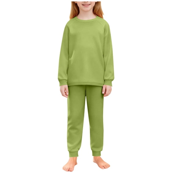 SERTG Girls Solid Color Long Sleeve Top and Pants Set Round Neck Homewear Spring Fall Comfortable Two-Piece Outfit for Kids(Green,9-10 Years)