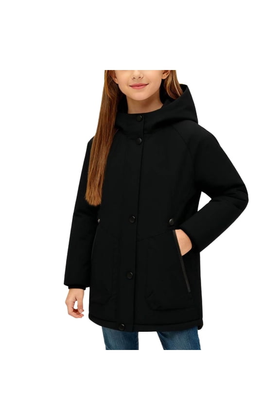 Girls Solid Color Mid Length Hooded Coat Winter Proof Long Sleeve Thermal Comfortable Outerwear for Kids 5-16 Years(Black,6-7 Years)