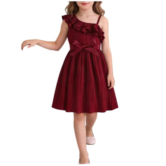 SERTG Girls Solid Color One Shoulder Ruffle Trim Bow Waist A-Line Dress for 4-9 Years Casual Daily Wear Birthday Party Girls Princess Dress