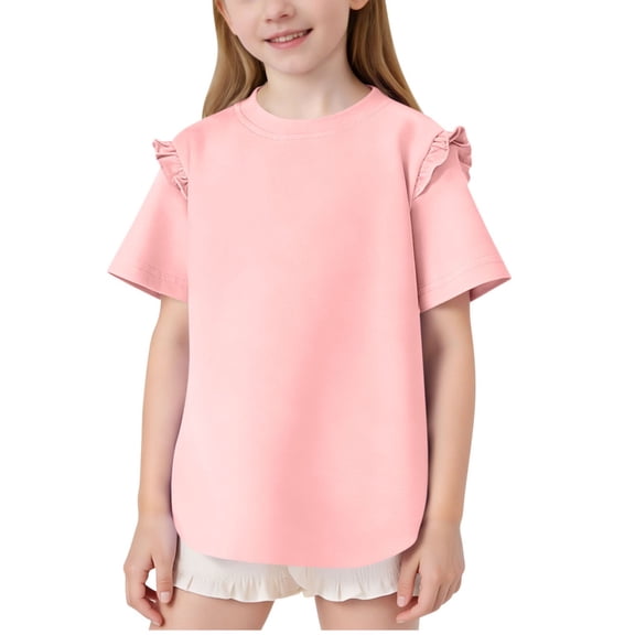 SERTG Girls Solid Color Round Neck Ruffled Short Sleeve T-Shirt Cute Summer Casual Top for Kids Everyday Wear Shirt(Pink,9-10 Years)
