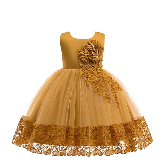 SERTG Girls Solid Color Sleeveless Round Neck Dress Flower Print Skirts Girl Performance Spring Summer Kids Party Dress(Yellow,3-4 Years)