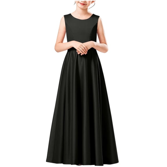 SERTG Girls Solid Color Sleeveless Round Neck Long Length Dress Kids Party Performance Formal Gown Wear Skirts(Black,10-11 Years)