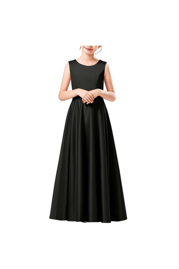 Girls Solid Color Sleeveless Round Neck Long Length Dress Kids Party Performance Formal Gown Wear Skirts(Black,10-11 Years)