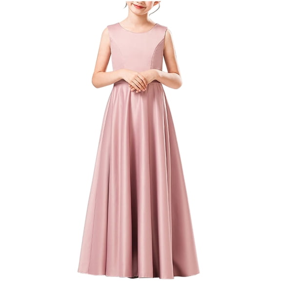 SERTG Girls Solid Color Sleeveless Round Neck Long Length Dress Kids Party Performance Formal Gown Wear Skirts(Pink,12-13 Years)