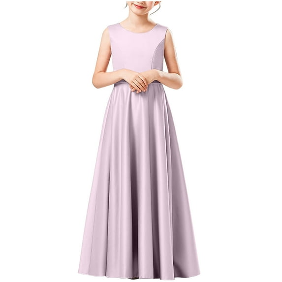 SERTG Girls Solid Color Sleeveless Round Neck Long Length Dress Kids Party Performance Formal Gown Wear Skirts(Purple,10-11 Years)