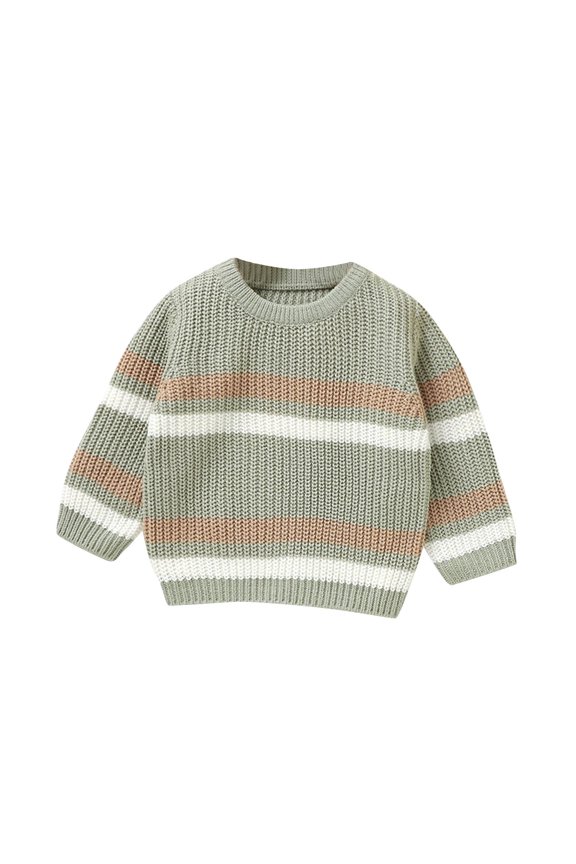 Girls Solid Color Stripe Sweater Casual Fall Winter Round Neck Long Sleeve Polyester Blouse Tops for Children 5-14 Years(Green,6 Months)