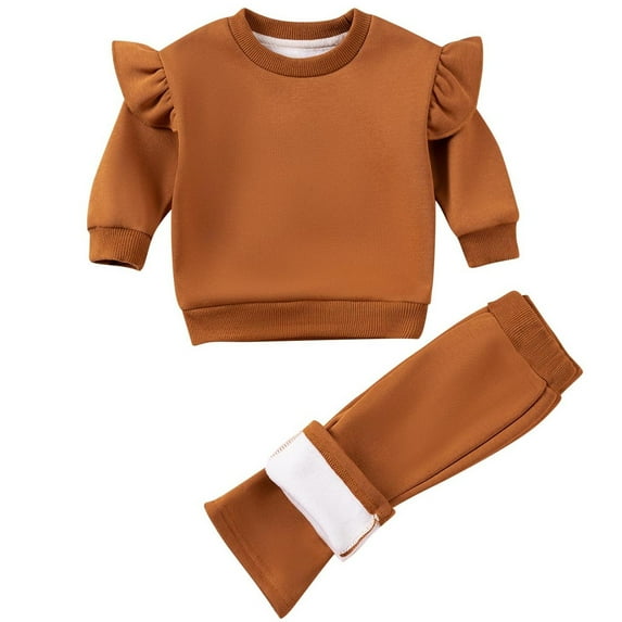 SERTG Girls Solid Color Tops with Round Neck Long Sleeve Ruffle Sleeve and Long Pants Set Spring Fall Elegant Sweet Stylish Two Piece Outfit for Toddlers 0-6 Years(Brown#1,6 Months)