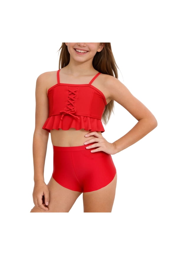 Girls Solid Color Two Piece Swimsuit Bikini Set Summer Beach Activities Pool Parties Casual Suit Set(Red#1,3 Years)
