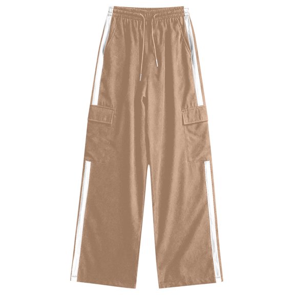 SERTG Girls Solid Color Wide Leg Cargo Pants Elastic Waist Kids Spring Summer Casual Loose Trousers Everyday Bottoms(Khaki,15-16 Years)