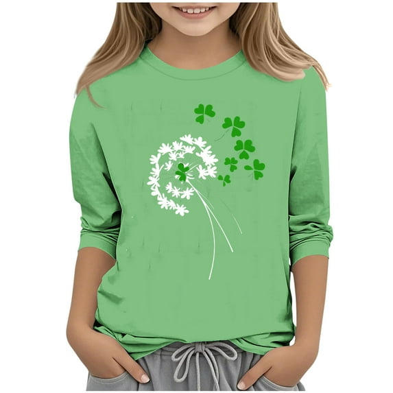 SERTG Girls St.Patrick's Day Cute Print T-Shirt 3/4 Sleeve Round Neck Soft Cotton Shirt Kids Fashion Casual Everyday Tops(Green#1,5-6 Years)