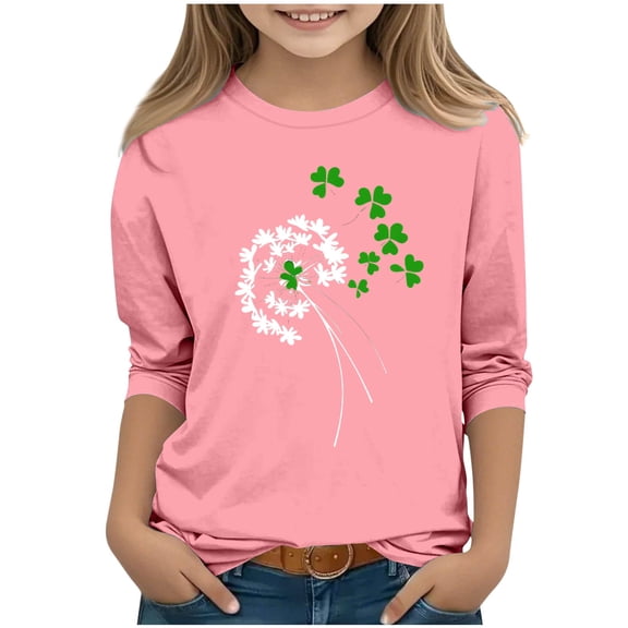 SERTG Girls St.Patrick's Day Cute Print T-Shirt 3/4 Sleeve Round Neck Soft Cotton Shirt Kids Fashion Casual Everyday Tops(Pink#1,7-8 Years)