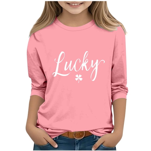 SERTG Girls St.Patrick's Day Cute Print T-Shirt 3/4 Sleeve Round Neck Soft Cotton Shirt Kids Fashion Casual Everyday Tops(Pink#2,5-6 Years)