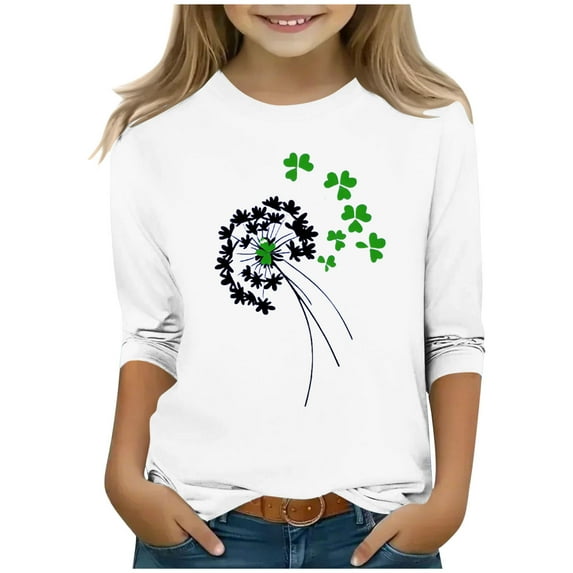 SERTG Girls St.Patrick's Day Cute Print T-Shirt 3/4 Sleeve Round Neck Soft Cotton Shirt Kids Fashion Casual Everyday Tops(White#1,9-10 Years)