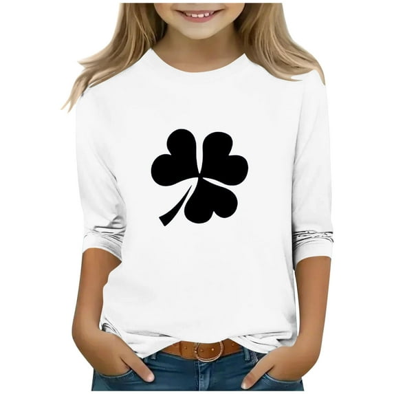 SERTG Girls St.Patrick's Day Cute Print T-Shirt 3/4 Sleeve Round Neck Soft Cotton Shirt Kids Fashion Casual Everyday Tops(White#2,7-8 Years)
