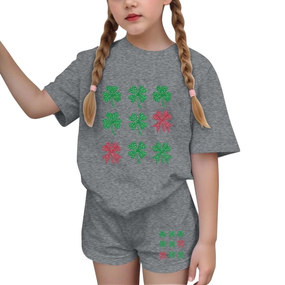 SERTG Girls St Patricks Day Set Luckly Shamrock Print T-Shirt and Shorts Casual Round Neck Short Sleeve Holiday Celebration Everyday Wear Kids Tee Festive Apparel(Gray#1,12-13 Years)