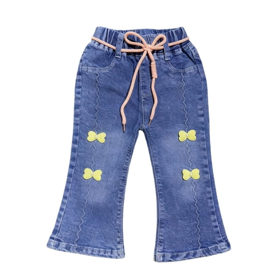 SERTG Girls Straight Wide Leg Jeans Loose Fit Bow Tie Belt Elastic Waist Kids Spring Summer Casual Long Pants Everyday Trousers(Blue,3-4 Years)