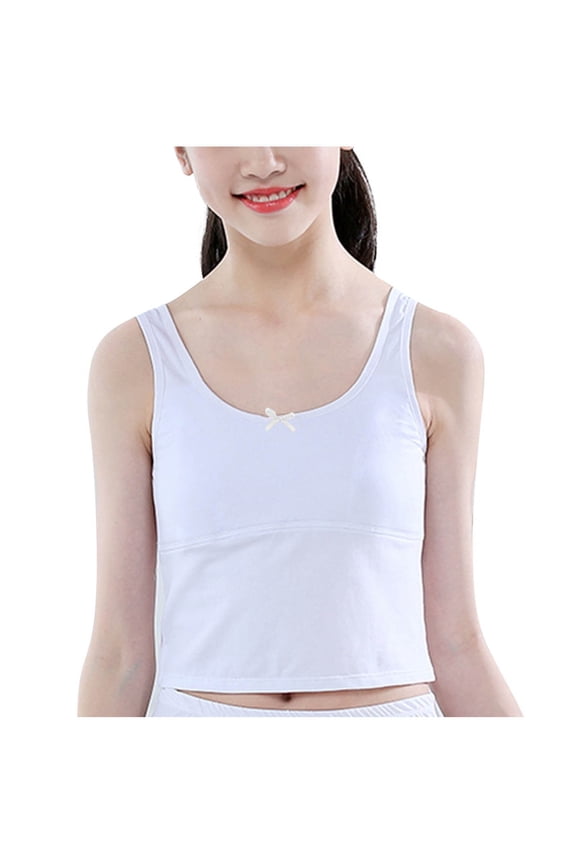 Girls Straps Mid-length Training Bra Solid Color Seamless Vest Double Layer School Daily Wear Comfortable Fit First Bra(White,14-15 Years)