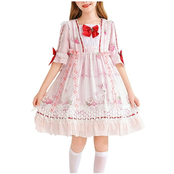 SERTG Girls Strawberry Print Short Sleeve Dress with Bow Cottagecore Storybook Oktoberfest Skirt Outfit for Kids 4-12 Years(Pink,5 Years)