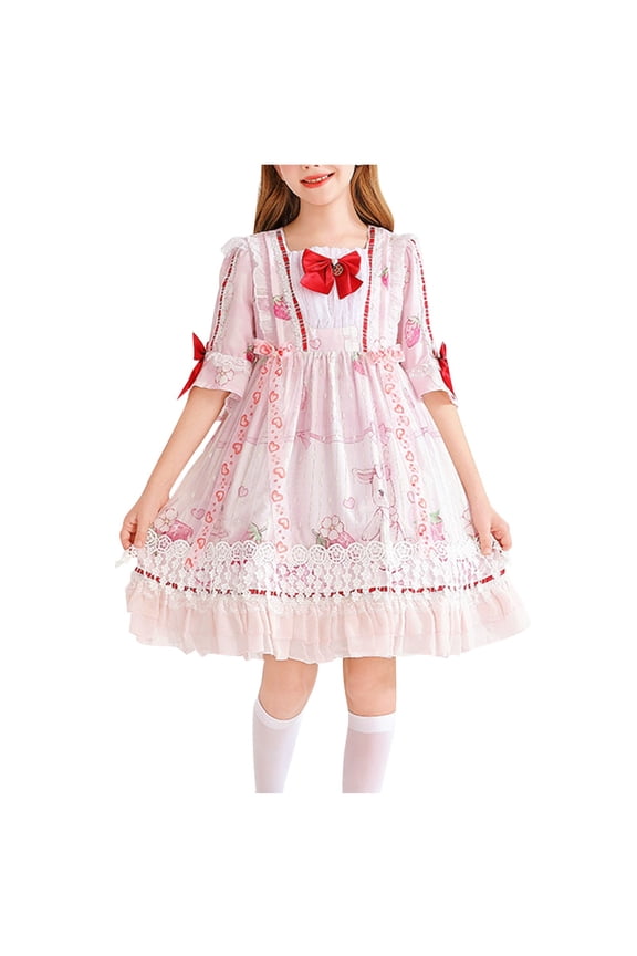 Girls Strawberry Print Short Sleeve Dress with Bow Cottagecore Storybook Oktoberfest Skirt Outfit for Kids 4-12 Years(Pink,7 Years)