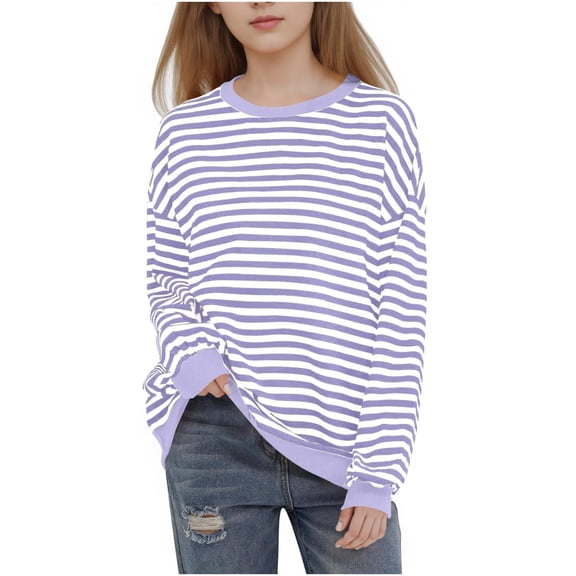 SERTG Girls Striped Print Round Neck Long Sleeve Hoodless Pullover Sweatshirt Casual Soft Comfortable Loose Fashion Spring Fall Everyday Tops for Kids(Purple,2-3 Years)
