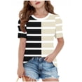 thumbnail image 1 of SERTG Girls Striped Print Short Sleeve Top Casual Round Neck T-Shirt Spring Summer Everyday Shirt for Kids(Beige#2,6 Years), 1 of 4