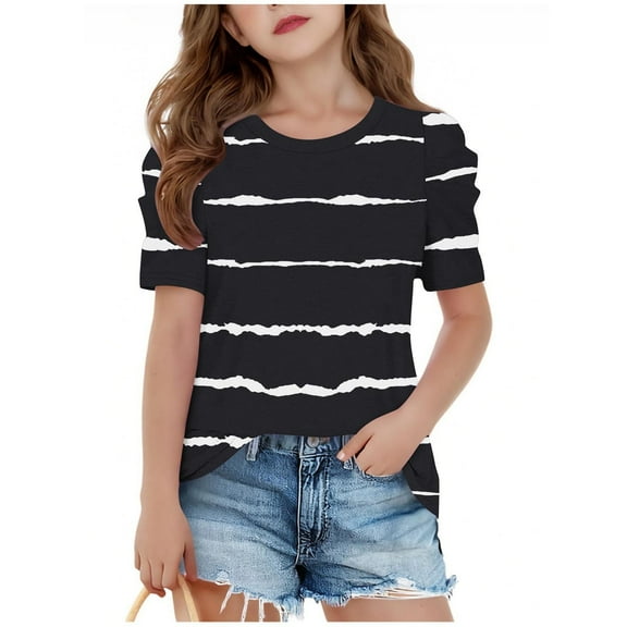 SERTG Girls Striped Print Short Sleeve Top Casual Round Neck T-Shirt Spring Summer Everyday Shirt for Kids(Black#1,4 Years)