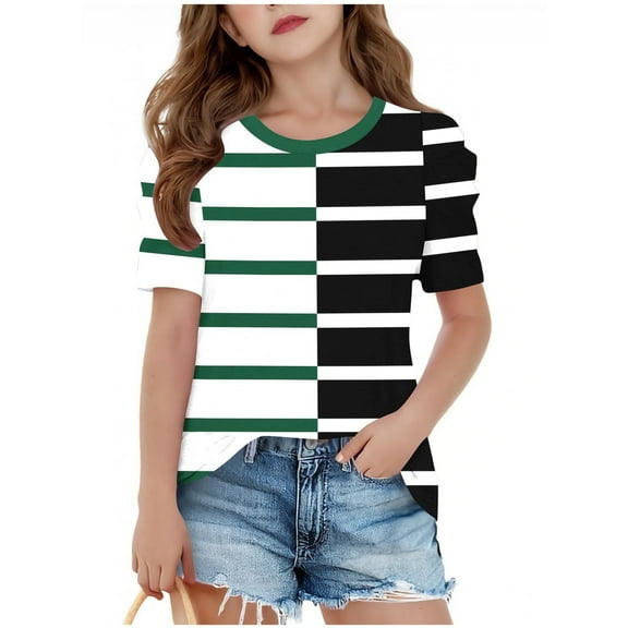 SERTG Girls Striped Print Short Sleeve Top Casual Round Neck T-Shirt Spring Summer Everyday Shirt for Kids(Black#2,4 Years)