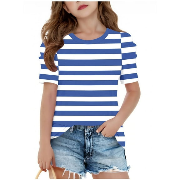 SERTG Girls Striped Print Short Sleeve Top Casual Round Neck T-Shirt Spring Summer Everyday Shirt for Kids(Blue#3,4 Years)