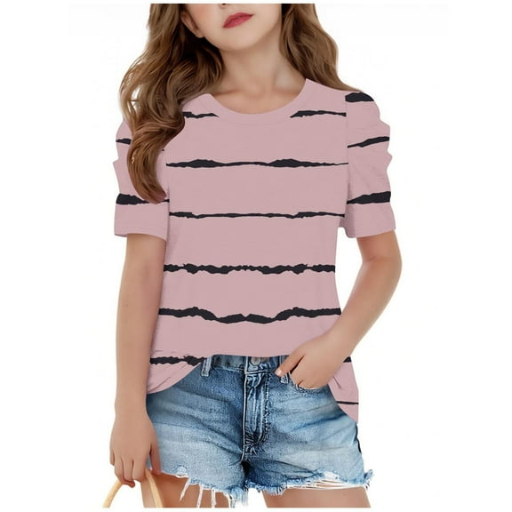 SERTG Girls Striped Print Short Sleeve Top Casual Round Neck T-Shirt Spring Summer Everyday Shirt for Kids(Pink#1,4 Years)