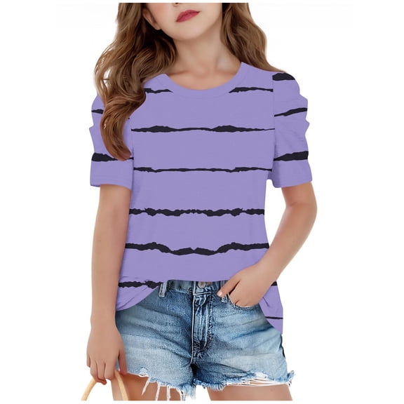 SERTG Girls Striped Print Short Sleeve Top Casual Round Neck T-Shirt Spring Summer Everyday Shirt for Kids(Purple#1,4 Years)
