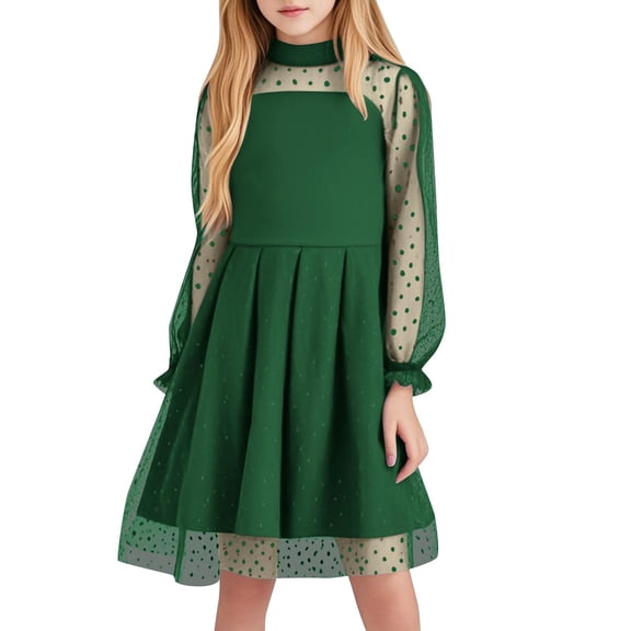 SERTG Girls Summer A-Line Dress with Sheer Layered Detail Round Neck Long Sleeve Skirt Versatile Outfit for Kids 5-16 Years(Green,5 Years)