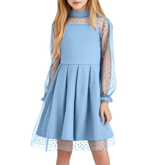 SERTG Girls Summer A-Line Dress with Sheer Layered Detail Round Neck Long Sleeve Skirt Versatile Outfit for Kids 5-16 Years(Light Blue,5 Years)