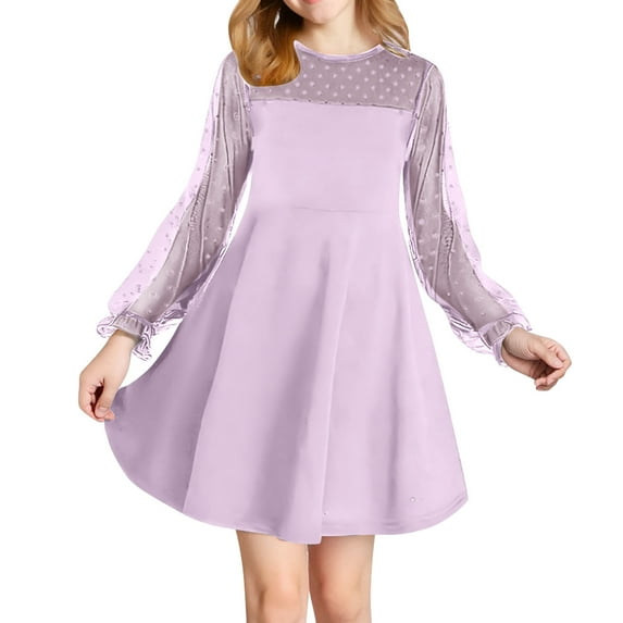 SERTG Girls Summer A-Line Dress with Sheer Layered Detail Round Neck Long Sleeve Skirt Versatile Outfit for Kids 5-16 Years(Purple#1,13 Years)