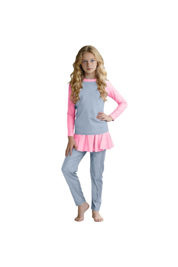 Girls Surf Swimsuit Hawaiian Style 3 PC Color Block Set Long Sleeve Top Dress Pants and Cap Soft Comfort Kids Summer Beach Pool Water Activities Swimwear(Gray#1,0-1 Years)