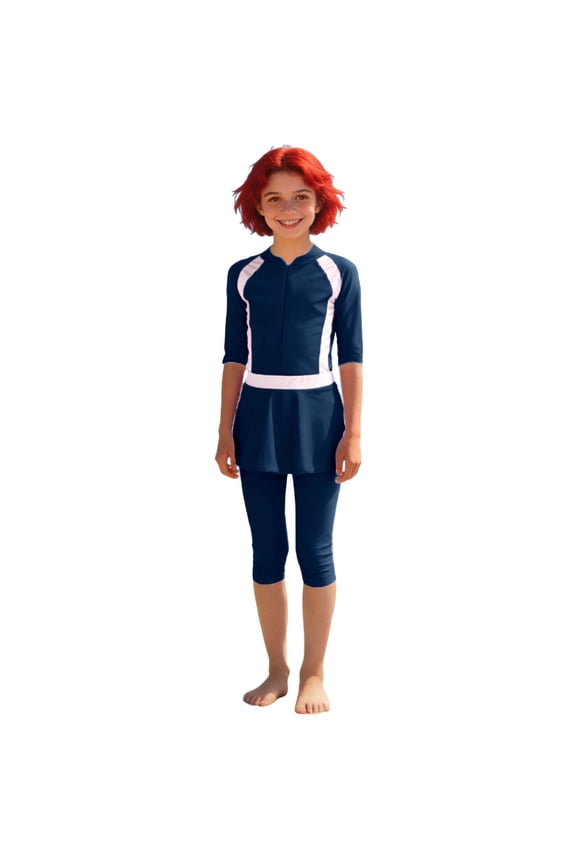 Girls Surf Swimsuit Hawaiian Style 3 PC Color Block Set Long Sleeve Top Dress Pants and Cap Soft Comfort Kids Summer Beach Pool Water Activities Swimwear(Navy,9-10 Years)