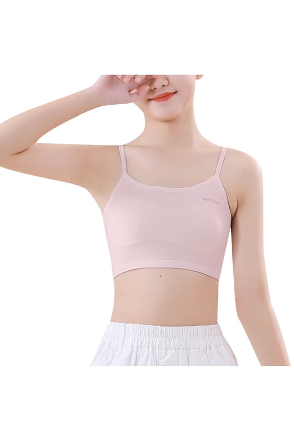 Girls Thin Straps Lightly Lined Training Bra Slim Seamless Bra Light Support Bralette School Daily Wear Wire-Free Kids Comfort First Bra(Pink,11-12 Years)