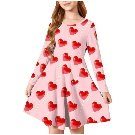 SERTG Girls Valentine Heart Print Long Sleeve Round Neck Dress Everyday Performance Skirt Outfit for Kids(Pink#2,9-10 Years)