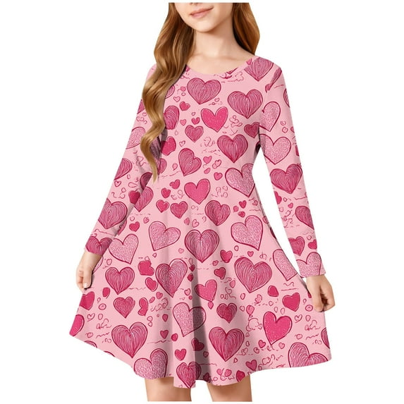 SERTG Girls Valentine Heart Print Long Sleeve Round Neck Dress Everyday Performance Skirt Outfit for Kids(Watermelon Red,7-8 Years)