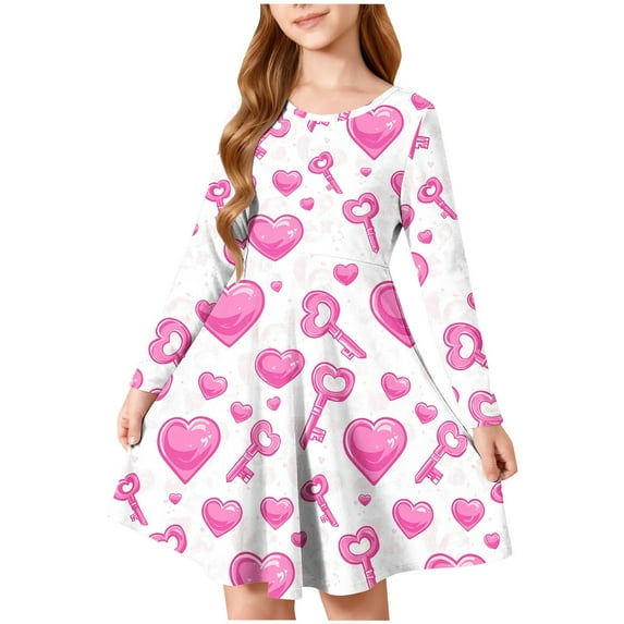 SERTG Girls Valentine Heart Print Long Sleeve Round Neck Dress Everyday Performance Skirt Outfit for Kids(White#1,7-8 Years)