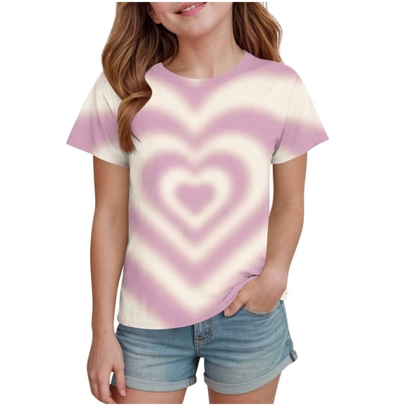 SERTG Girls Valentine Heart Print Short Sleeve T-Shirt Round Neck Casual Soft Blouse Spring Summer Cute Everyday Wear Top for Kids(Beige,3 -4 Years)