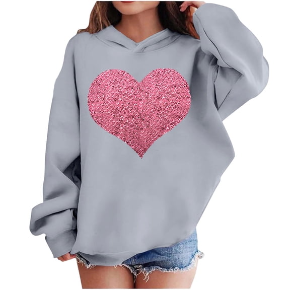 SERTG Girls Valentine Hooded Sweatshirt Long Sleeve Top Round Neck Heart Print Spring Casual Soft Cotton Comfortable Shirt for Kids(Gray,3 Years)