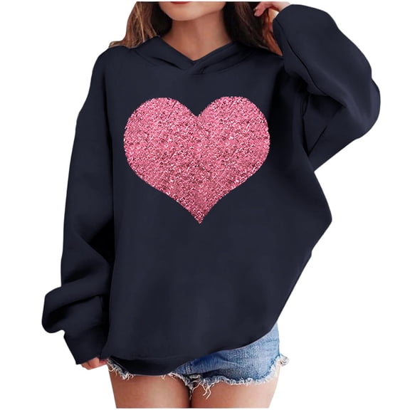 SERTG Girls Valentine Hooded Sweatshirt Long Sleeve Top Round Neck Heart Print Spring Casual Soft Cotton Comfortable Shirt for Kids(Navy,4 Years)