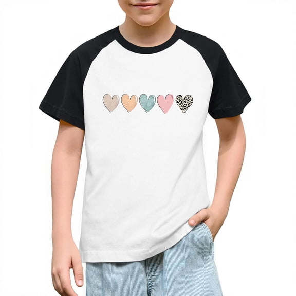 SERTG Girls Valentine Print Raglan Sleeve Casual T-shirt Kids Shirts Spring Summer Short Sleeve Cute Tops(Black,4 Years)