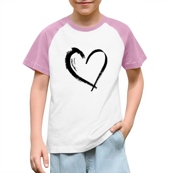 SERTG Girls Valentine Print Raglan Sleeve Casual T-shirt Kids Shirts Spring Summer Short Sleeve Cute Tops(Pink#1,9 Years)