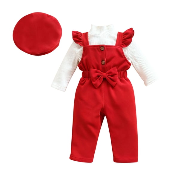 SERTG Girls Valentine's Day Solid Ribbed Top Bow Overalls with Bow and Hat Set Kids Fashion Valentine Casual 3 Piece Outfit(Red,3-4 Years)