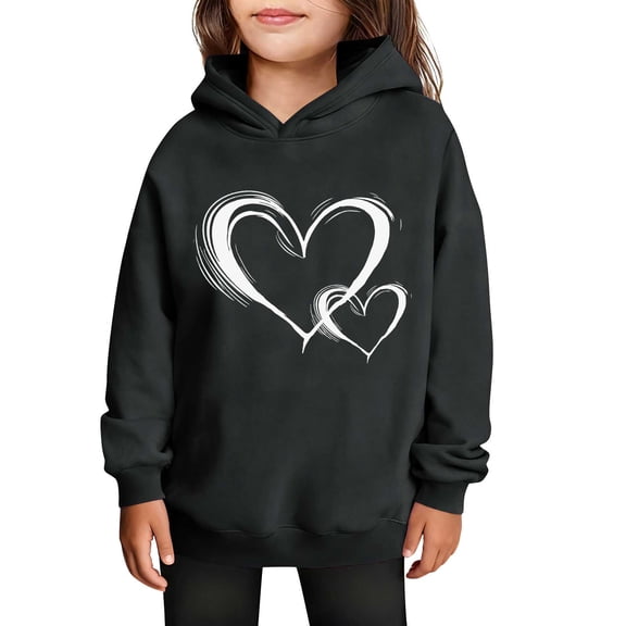 SERTG Girls Valentine's Hooded Sweatshirt Long Sleeve Casual with Heart Print Kids Spring Fall Fleece-Lined Solid Color Everyday Top(Black#1,3 Years)