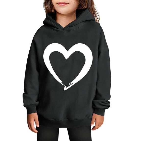 SERTG Girls Valentine's Hooded Sweatshirt Long Sleeve Casual with Heart Print Kids Spring Fall Fleece-Lined Solid Color Everyday Top(Black#1,9 Years)
