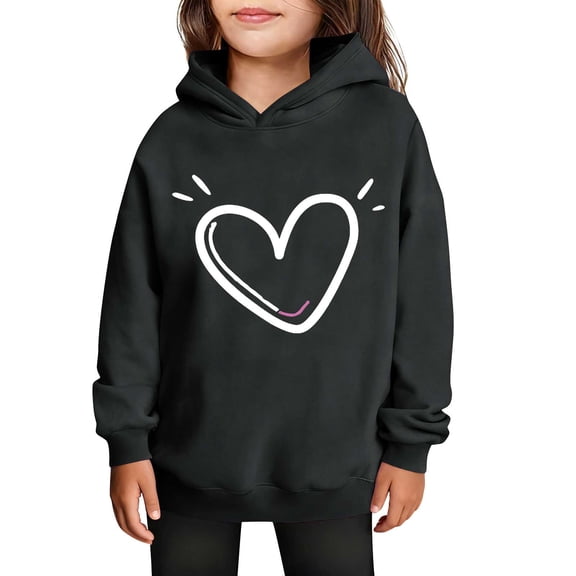 SERTG Girls Valentine's Hooded Sweatshirt Long Sleeve Casual with Heart Print Kids Spring Fall Fleece-Lined Solid Color Everyday Top(Black#1,9 Years)