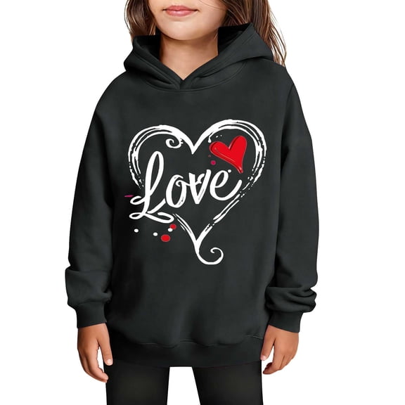 SERTG Girls Valentine's Hooded Sweatshirt Long Sleeve Casual with Heart Print Kids Spring Fall Fleece-Lined Solid Color Everyday Top(Black#1,9 Years)