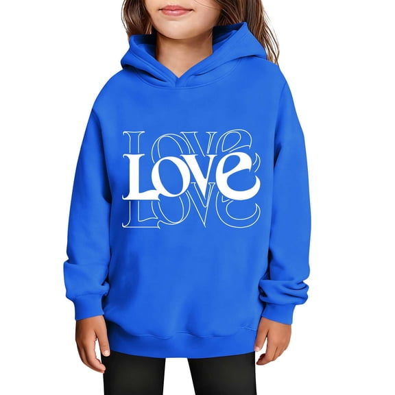 SERTG Girls Valentine's Hooded Sweatshirt Long Sleeve Casual with Heart Print Kids Spring Fall Fleece-Lined Solid Color Everyday Top(Blue#1,11 Years)